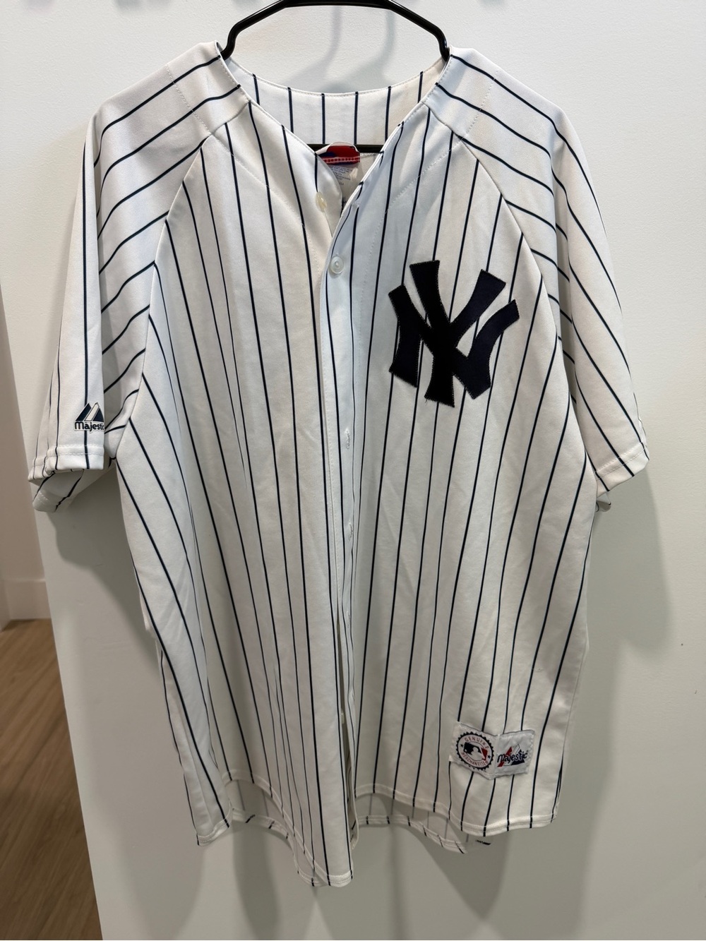 Majestic New York Yankees White with Navy Pinstripe Baseball Jersey